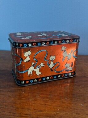 Vintage Horner Tin With Hinge - Orange And Blue Cat And Poodle